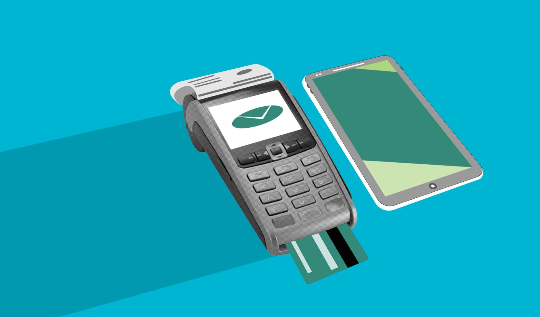 Celular com aplicativo aberto ao lado de um terminal de pagamento e um cartão, sobre fundo azul, representando uma transação financeira digital.