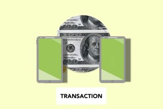 Ilustração isométrica de uma transferência de dinheiro pela internet entre celulares, sobre fundo claro.