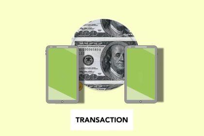 Ilustração isométrica de uma transferência de dinheiro pela internet entre celulares, sobre fundo claro.