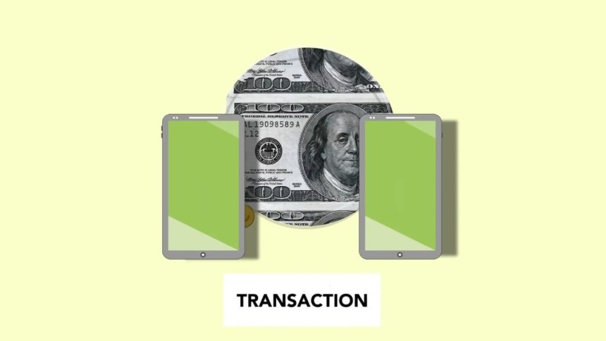 Ilustração isométrica de uma transferência de dinheiro pela internet entre celulares, sobre fundo claro.