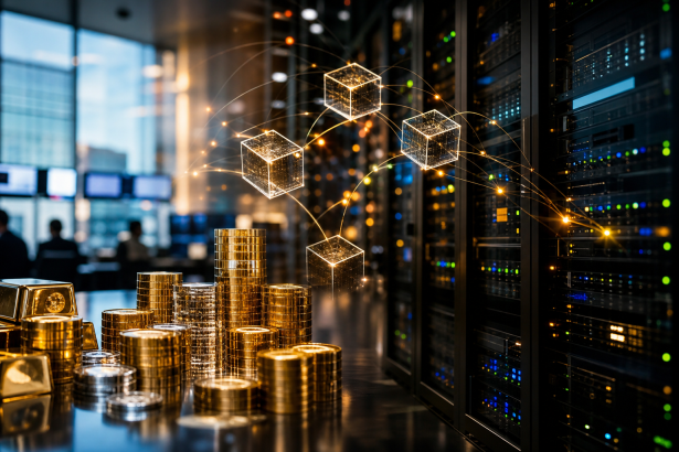 Infraestrutura financeira digital conectando fundos tradicionais a ativos tokenizados em blockchain