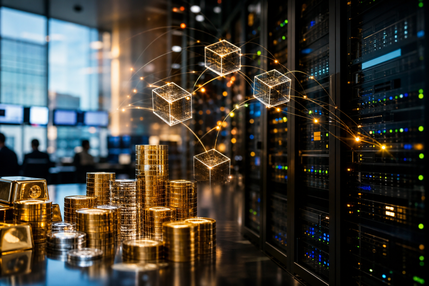 Infraestrutura financeira digital conectando fundos tradicionais a ativos tokenizados em blockchain