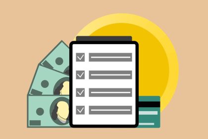Ilustração de um tablet com marcas de confirmação ao lado de cédulas de dólar e um cartão de crédito.