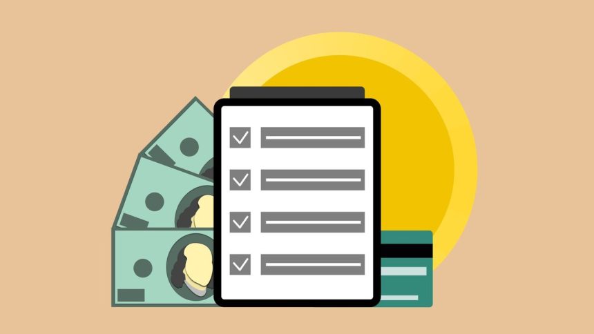Ilustração de um tablet com marcas de confirmação ao lado de cédulas de dólar e um cartão de crédito.
